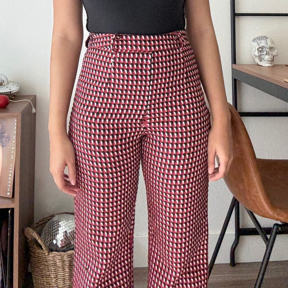 Pretty Garbage Red Black Geometric Textured High Waisted Wide Leg Pants Small